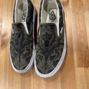 Vans Black and Green Canvas Slip-Ons